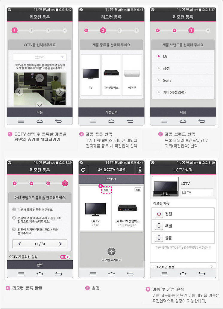 1.CCTV 선택 후 등록할 제품을 화면의 중앙에 위치시키기,2.제품종류선택 TV ,TV셋탑박스,에어컨 이외의 전자제품 등록 시 직접입력 선택, 3.제품 브랜드 선택 목록 이외의 브랜드일 경우 기타(직접입력)선택,4.리모컨등록 완료 , 5.설정 ,6.이름기능 편집 기능 제공하는 리모컨 기능이외의 기능은 직접입력으로 설정이 가능합니다.