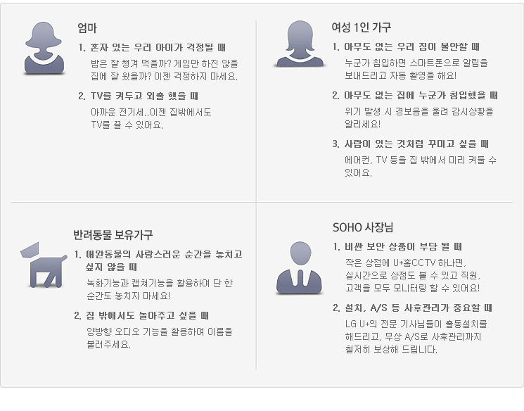 [엄마] 1. 혼자 있는 우리 아이가 걱정될 때 밥은 잘 챙겨 먹을까? 게임만 하진 않을까? 집에 잘 왔을까? 이젠 걱정하지 마세요. 2. TV를 켜두고 외출 했을 때 아까운 전기세..이젠 집밖에서도 TV를 끌 수 있어요. [여성 1인 가구] 1. 아무도 없는 우리 집이 불안할 때 누군가 침입하면 스마트폰으로 알림을 보내드리고 자동 촬영을 해요! 2. 아무도 없는 집에 누군가 침입했을 때 위기 발생 시 경보음을 울려 감시상황을 알리세요! 3. 사람이 있는 것처럼 꾸미고 싶을 때 에어컨, TV 등을 집 밖에서 미리 켜둘 수 있어요. [반려동물 보유 가구] 1. 애완동물의 사랑스러운 순간을 놓치고 싶지 않을 때 녹화기능과 캡쳐기능을 활용하여 단 한 순간도 놓치지 마세요! 2. 집 밖에서도 놀아주고 싶을 때 양방향 오디오 기능을 활용하여 이름을 불러주세요. [SOHO 사장님] 1. 비싼 보안 상품이 부담 될 때 작은 상점에 U+홈CCTV 하나면, 실시간으로 상점도 볼 수 있고 직원, 고객을 모두 모니터링 할 수 있어요! 2. 설치, A/S 등 사후관리가 중요할 때 LG U+의 전문 기사님들이 출동설치를 해드리고, 무상 A/S로 사후관리까지 철저히 보상해 드립니다.